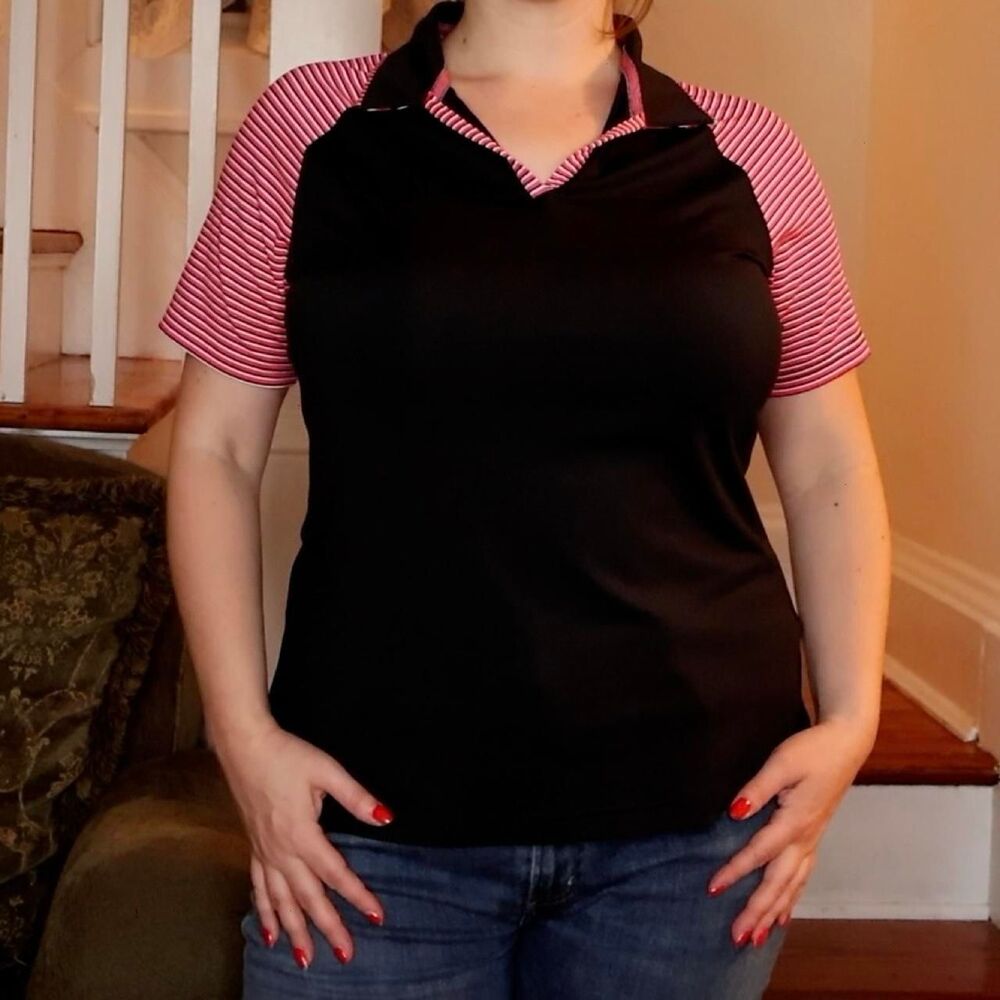Adidas Women's Golf Polo Sz Medium Short Sleeve Black Pink Striped Preppy Top
